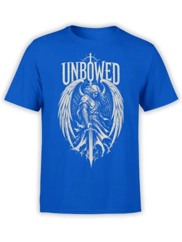Blue winged warrior T-shirt with cream UNBOWED lettering, large wings, armor, and a long sword