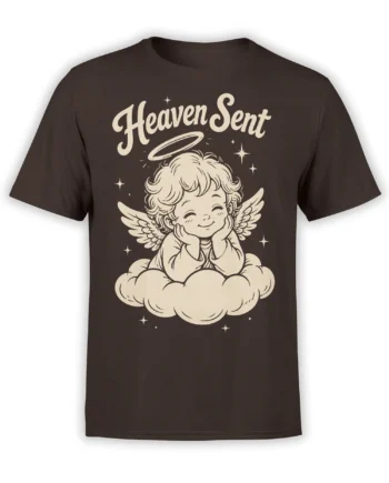 Brown T-shirt with a smiling winged cherub on clouds, stars, halo, and “Heaven Sent” lettering