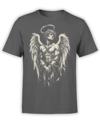 Gray T-shirt featuring a chained winged angel with a rough halo in distressed monochrome artwork