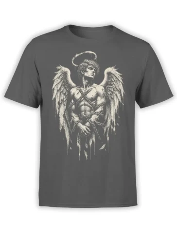 Gray T-shirt featuring a chained winged angel with a rough halo in distressed monochrome artwork