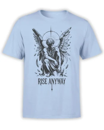 Light blue angel t-shirt with winged figure, halo, feathered wings, and Rise Anyway lettering