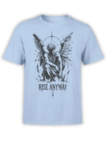 Light blue angel t-shirt with winged figure, halo, feathered wings, and Rise Anyway lettering