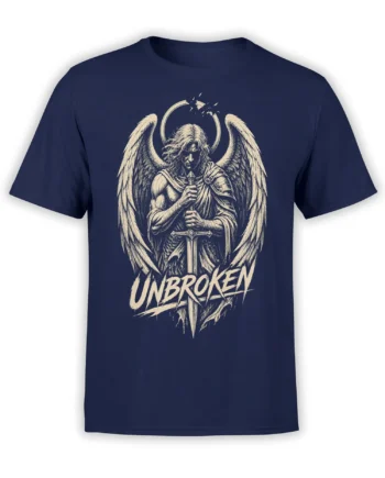Winged angel warrior holding a sword beneath a broken halo on a navy UNBROKEN T-shirt