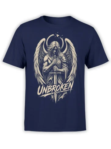 Winged angel warrior holding a sword beneath a broken halo on a navy UNBROKEN T-shirt