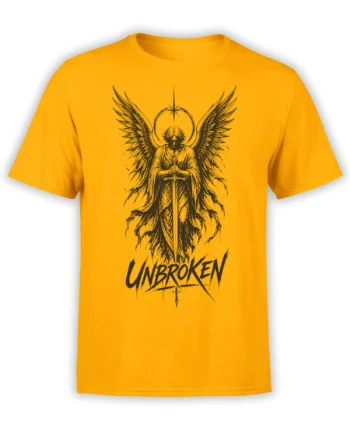 Yellow T-shirt with a black winged angel warrior holding a sword beneath a halo and UNBROKEN lettering