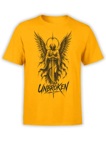 Yellow T-shirt with a black winged angel warrior holding a sword beneath a halo and UNBROKEN lettering