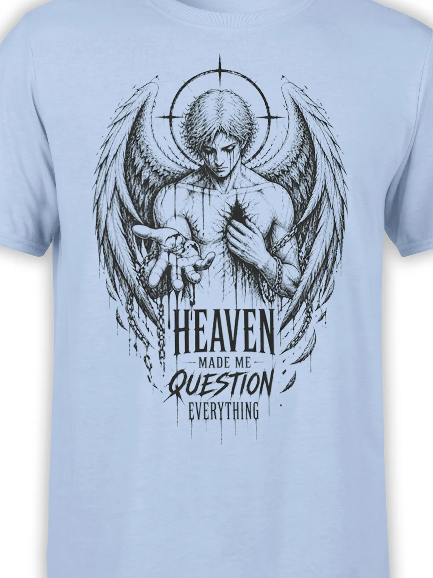 Close-up of gothic angel artwork with dark wings, halo, and text on a light blue shirt