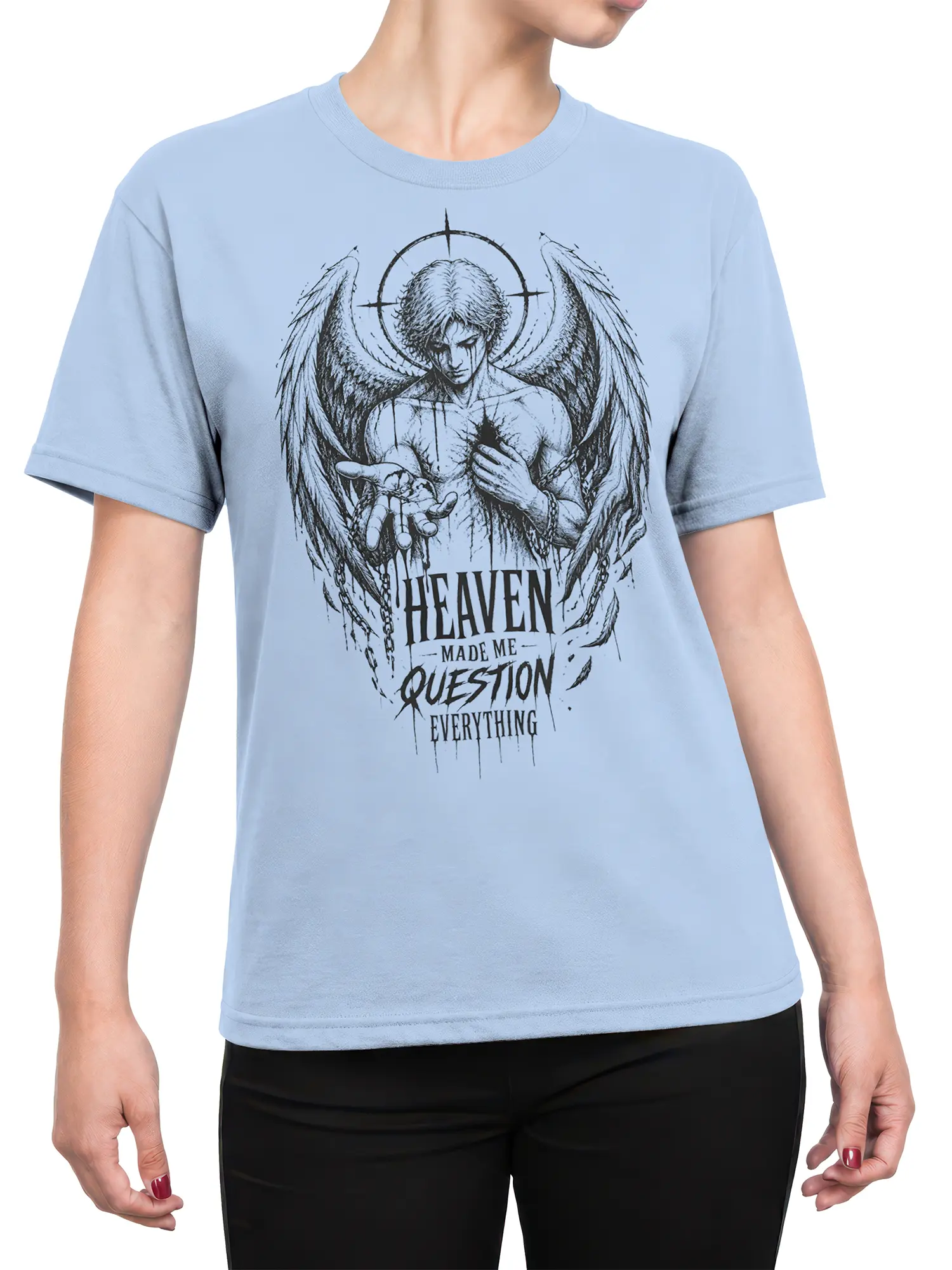 Female torso wearing a light blue gothic angel t-shirt with wings, halo, and dark lettering