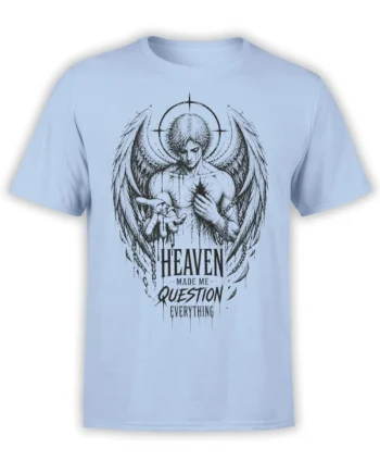 Gothic winged angel t-shirt in light blue with halo, dark wings, and questioning text