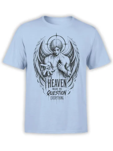 Gothic winged angel t-shirt in light blue with halo, dark wings, and questioning text