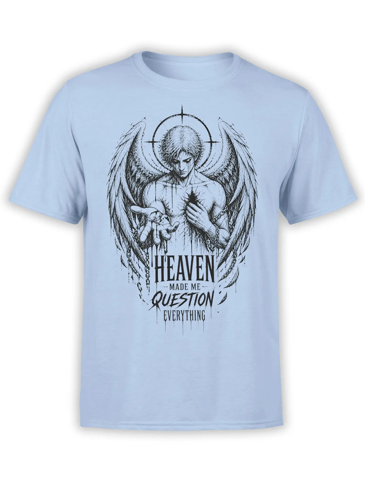 Gothic winged angel t-shirt in light blue with halo, dark wings, and questioning text