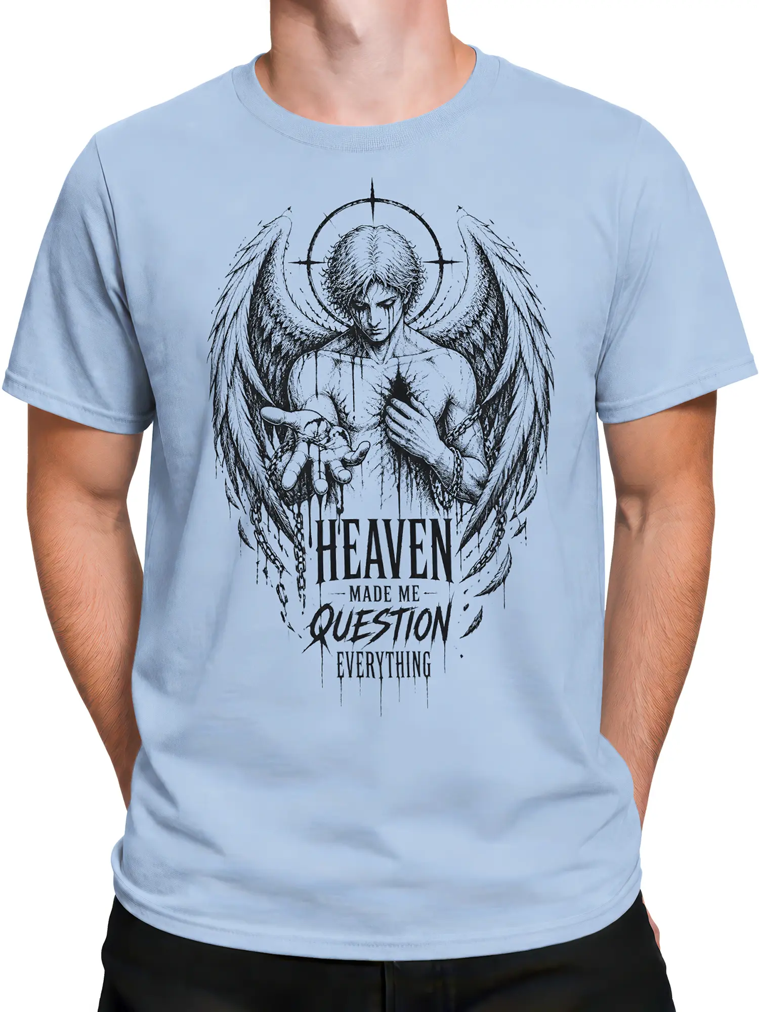 Male torso wearing a light blue angel graphic tee with gothic wings, halo, and questioning text