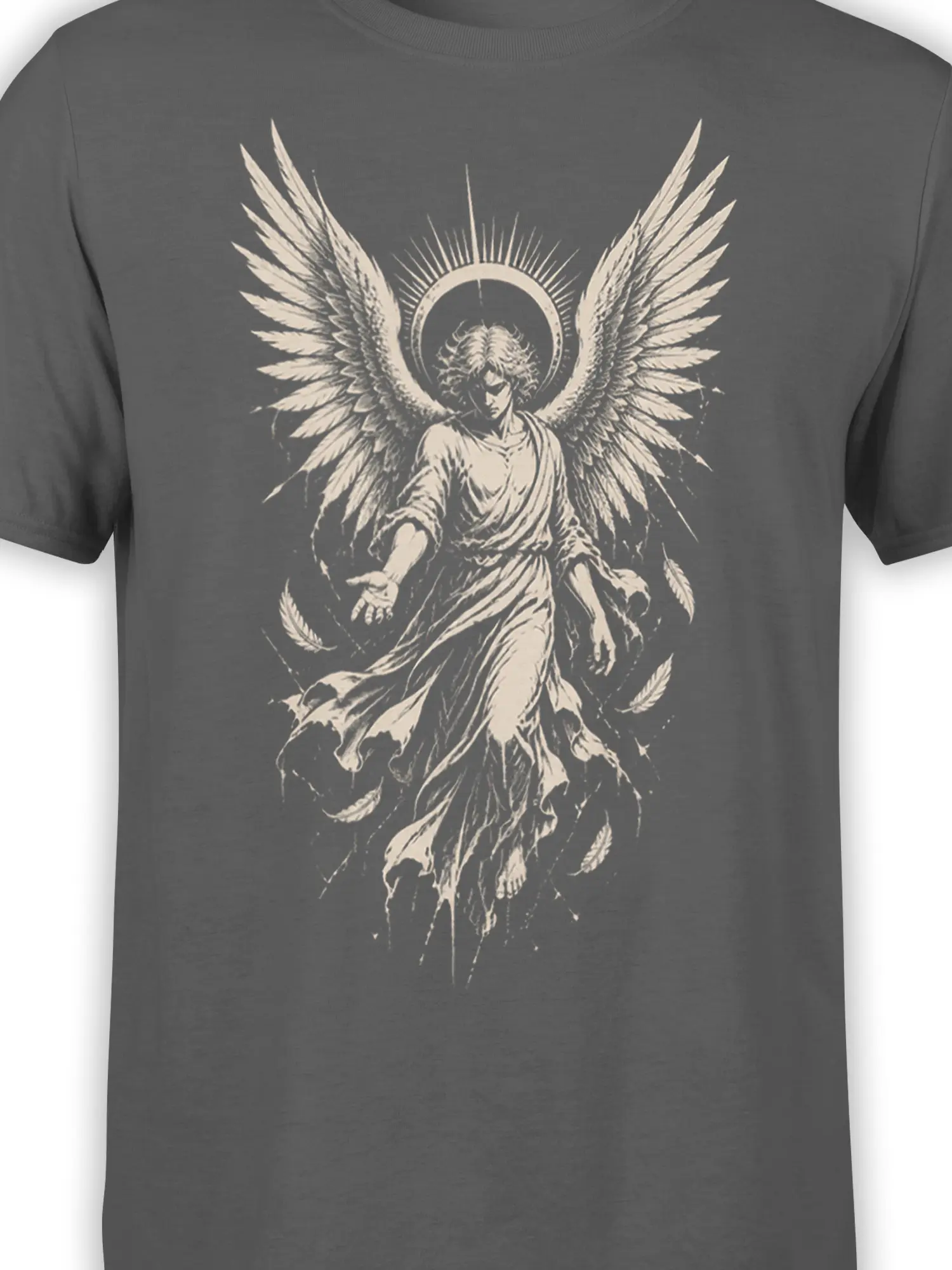 Close-up of the cream vintage angel artwork with halo, feathered wings, robe, and textured monochrome detail on gray fabric