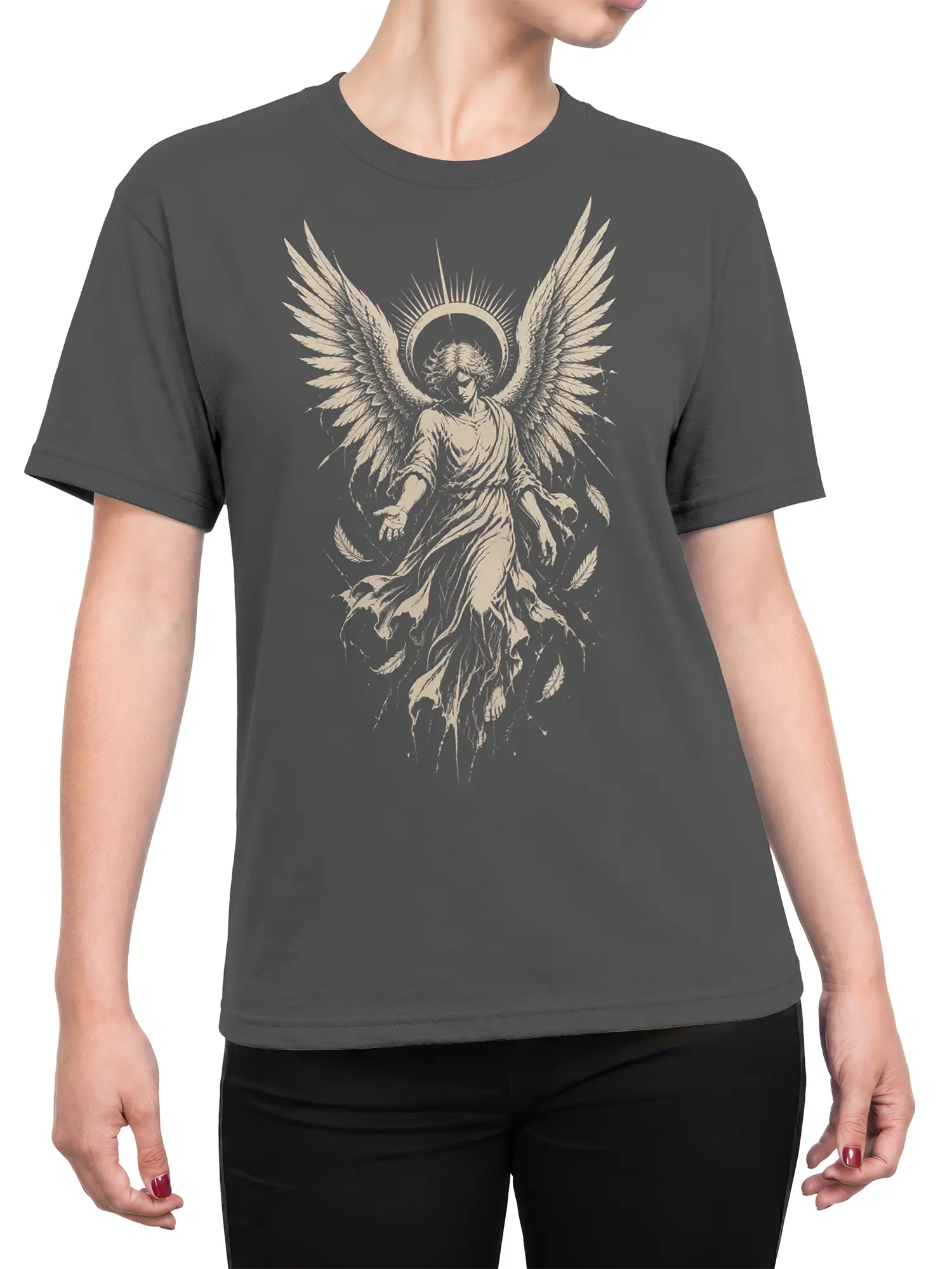 Female torso wearing a gray angel graphic tee with a halo, wide feathered wings, and vintage monochrome artwork