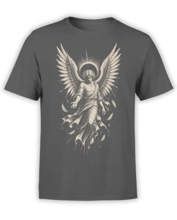 Gray T-shirt with a vintage winged angel figure, circular halo, flowing robe, and large feathered wings