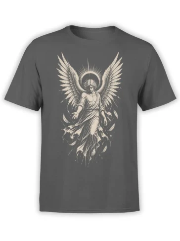 Gray T-shirt with a vintage winged angel figure, circular halo, flowing robe, and large feathered wings