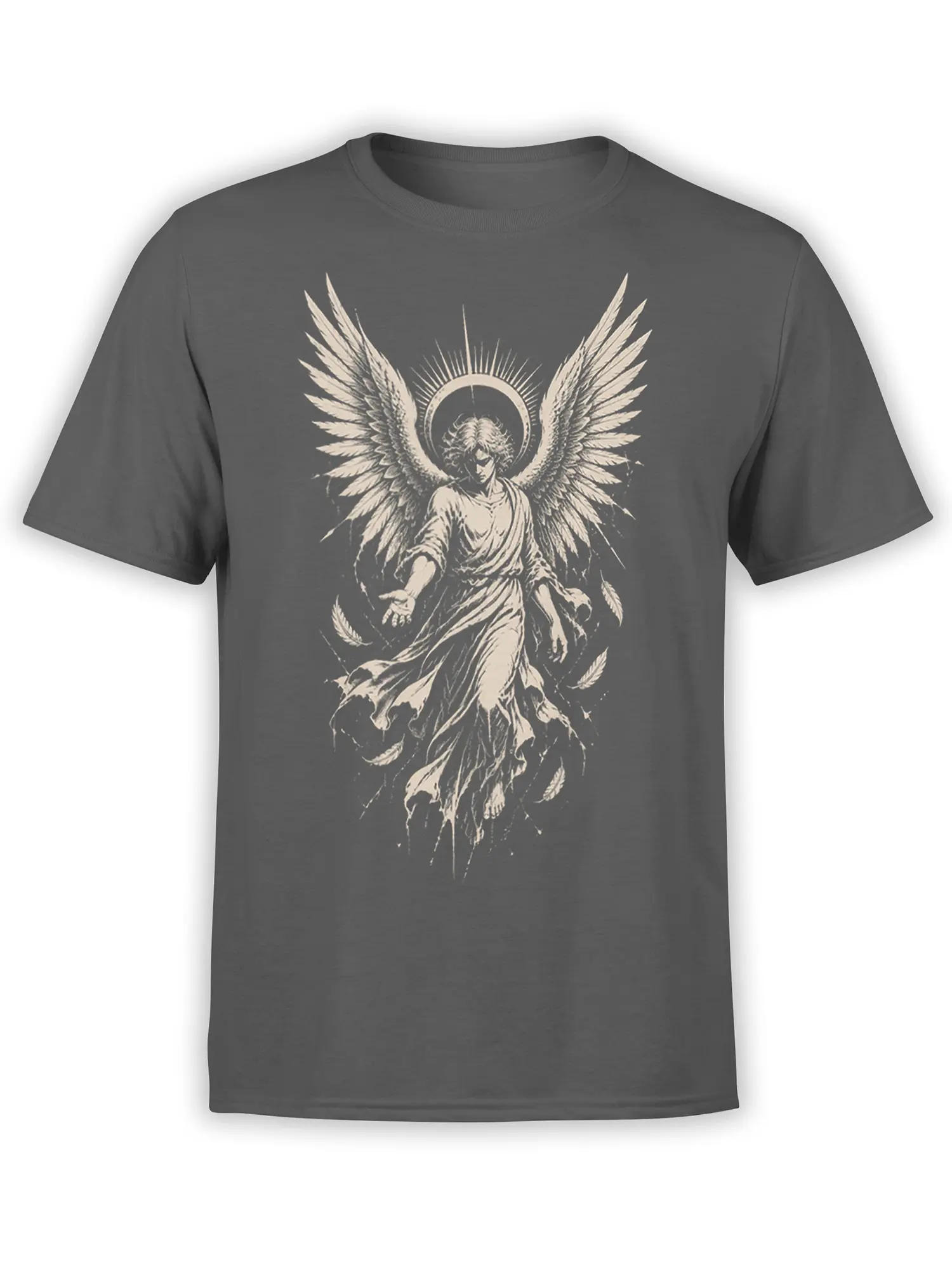Gray T-shirt with a vintage winged angel figure, circular halo, flowing robe, and large feathered wings