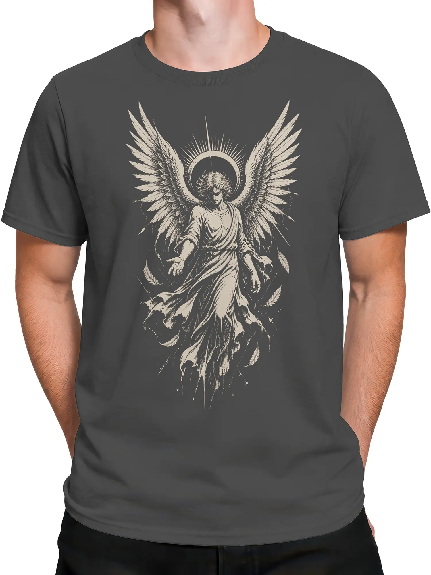 Male torso wearing a gray vintage angel T-shirt with a halo, flowing robe, and dramatic feathered wing design
