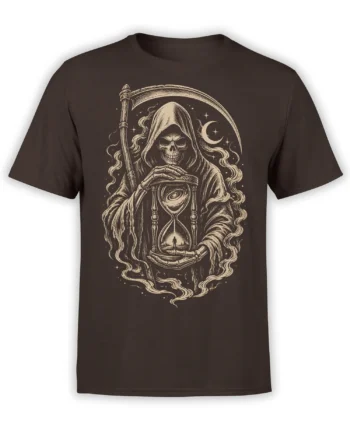 Brown grim reaper T-shirt with a hooded skeleton holding an hourglass and scythe under a crescent moon
