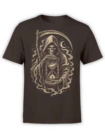 Brown grim reaper T-shirt with a hooded skeleton holding an hourglass and scythe under a crescent moon
