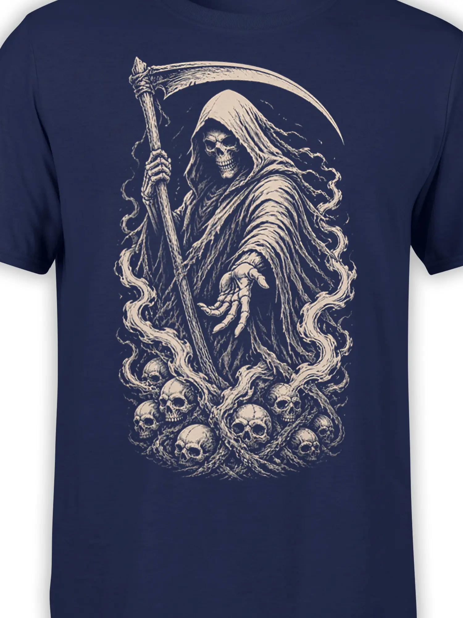 Close-up of cream grim reaper, scythe, skeletal hand, and skull details on navy fabric
