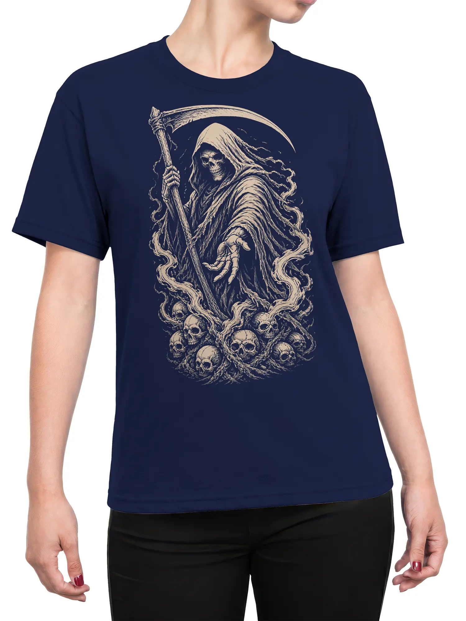 Female torso wearing a navy T-shirt with a vintage grim reaper and skull graphic