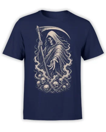 Hooded grim reaper holding a scythe above surrounding skulls on a navy graphic T-shirt