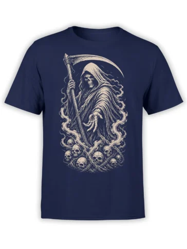 Hooded grim reaper holding a scythe above surrounding skulls on a navy graphic T-shirt