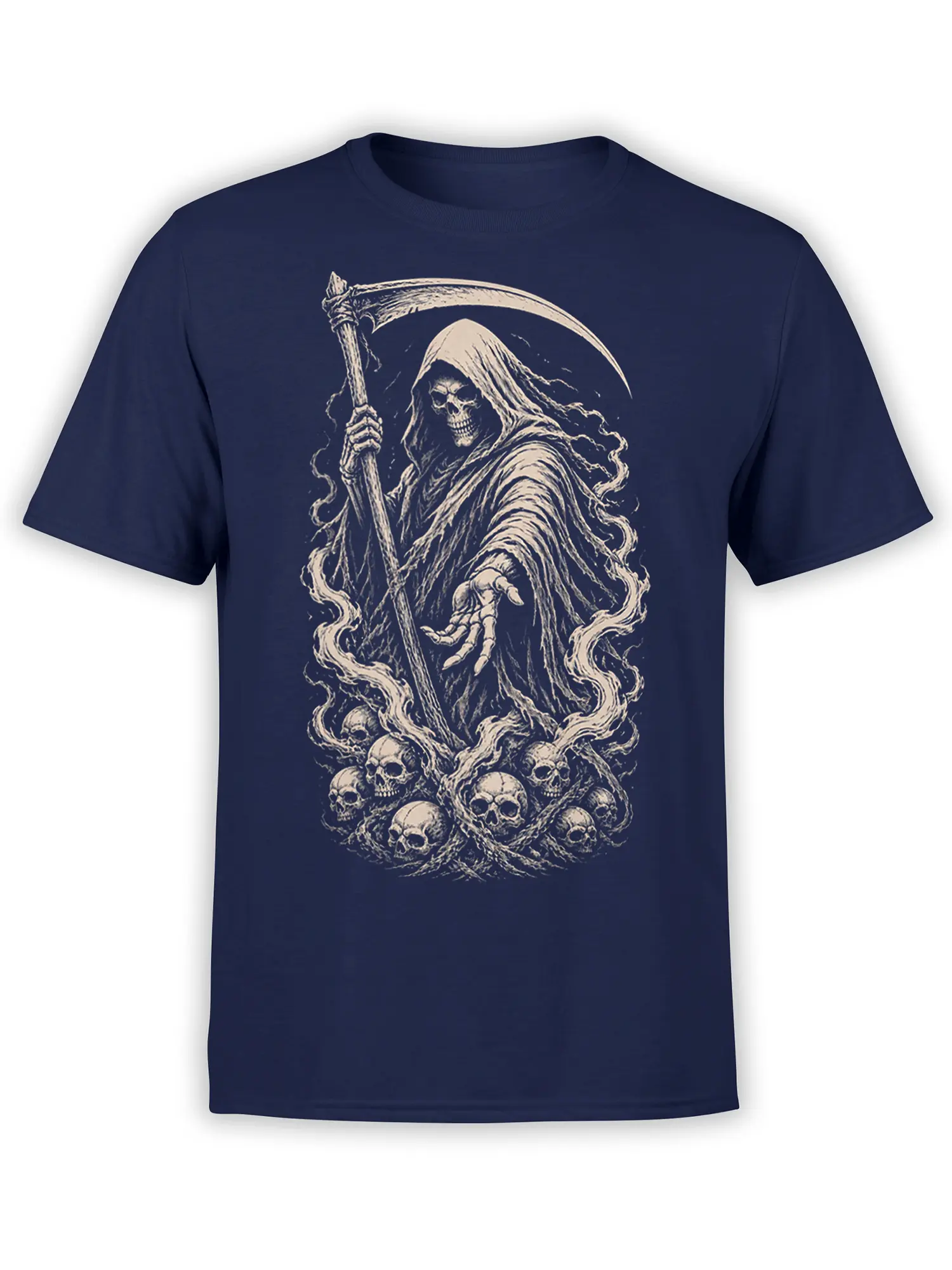 Hooded grim reaper holding a scythe above surrounding skulls on a navy graphic T-shirt
