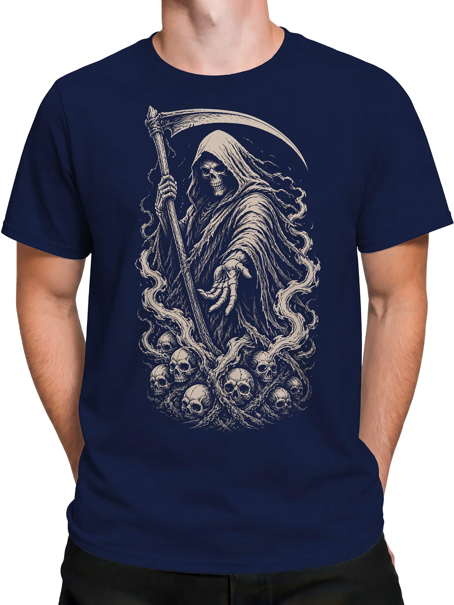 Male torso wearing a navy T-shirt with a hooded reaper and skull graphic
