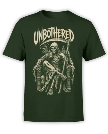 Dark green T-shirt with an unbothered hooded skeleton holding a scythe and skull-marked mug