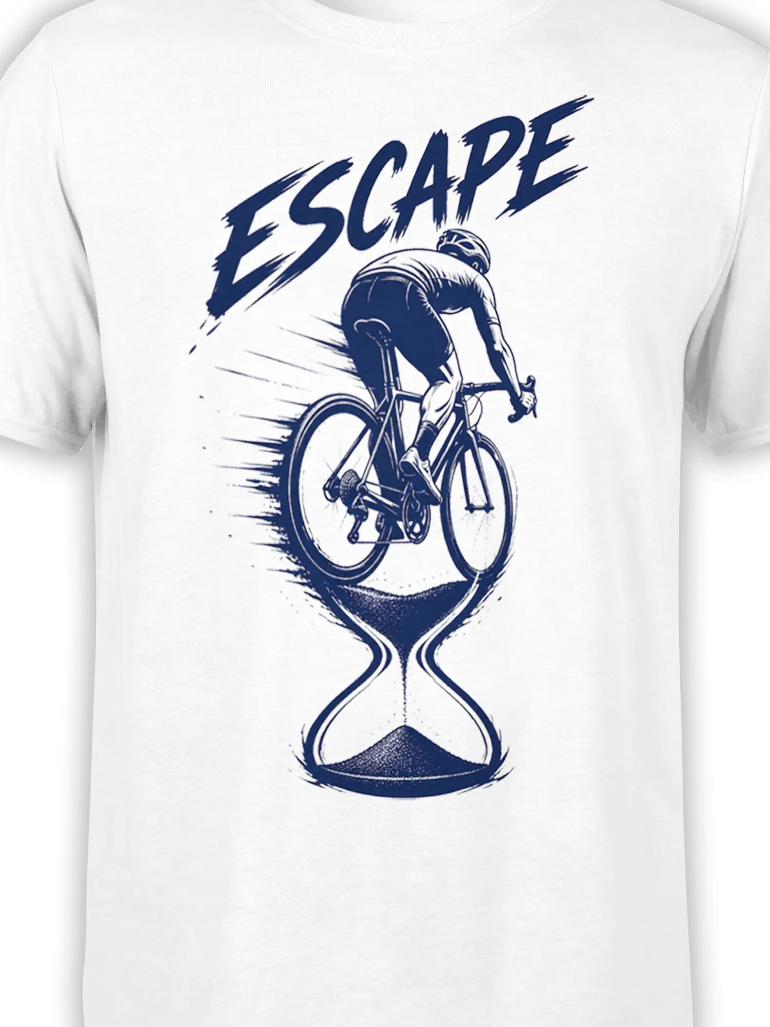 Close-up of navy cyclist and hourglass artwork with ESCAPE text on a white cycling T-shirt