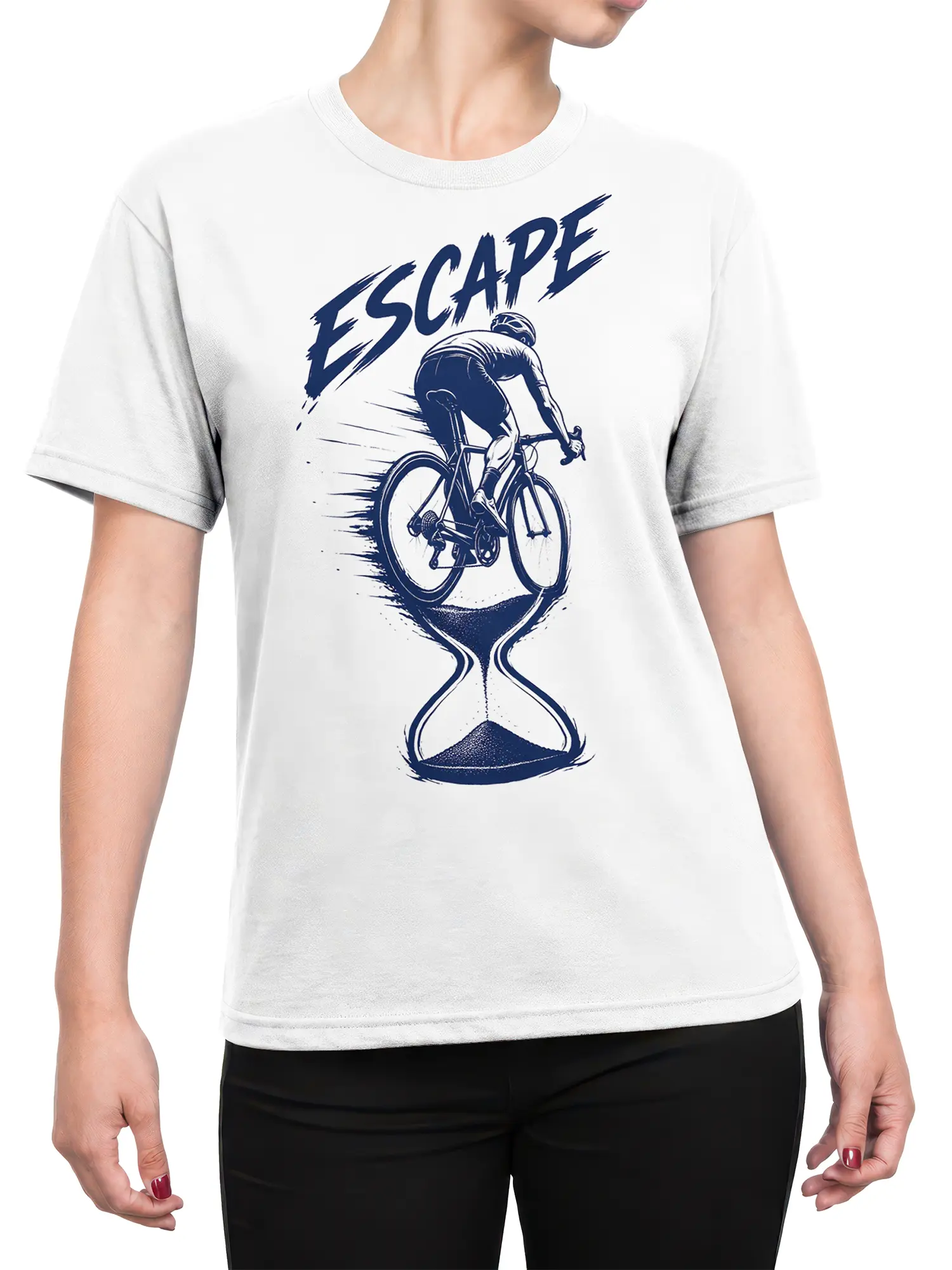 Female torso wearing a white cycling T-shirt with navy cyclist, hourglass, and ESCAPE graphic