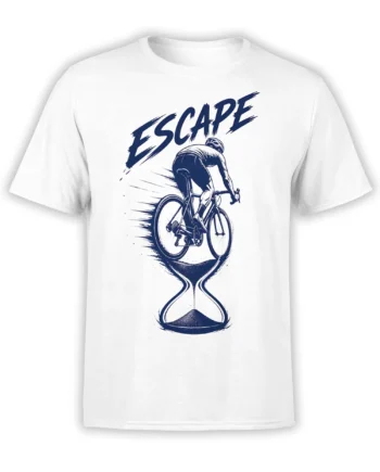 White cycling T-shirt with navy cyclist, hourglass design, motion lines, and bold ESCAPE lettering