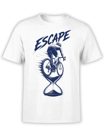 White cycling T-shirt with navy cyclist, hourglass design, motion lines, and bold ESCAPE lettering