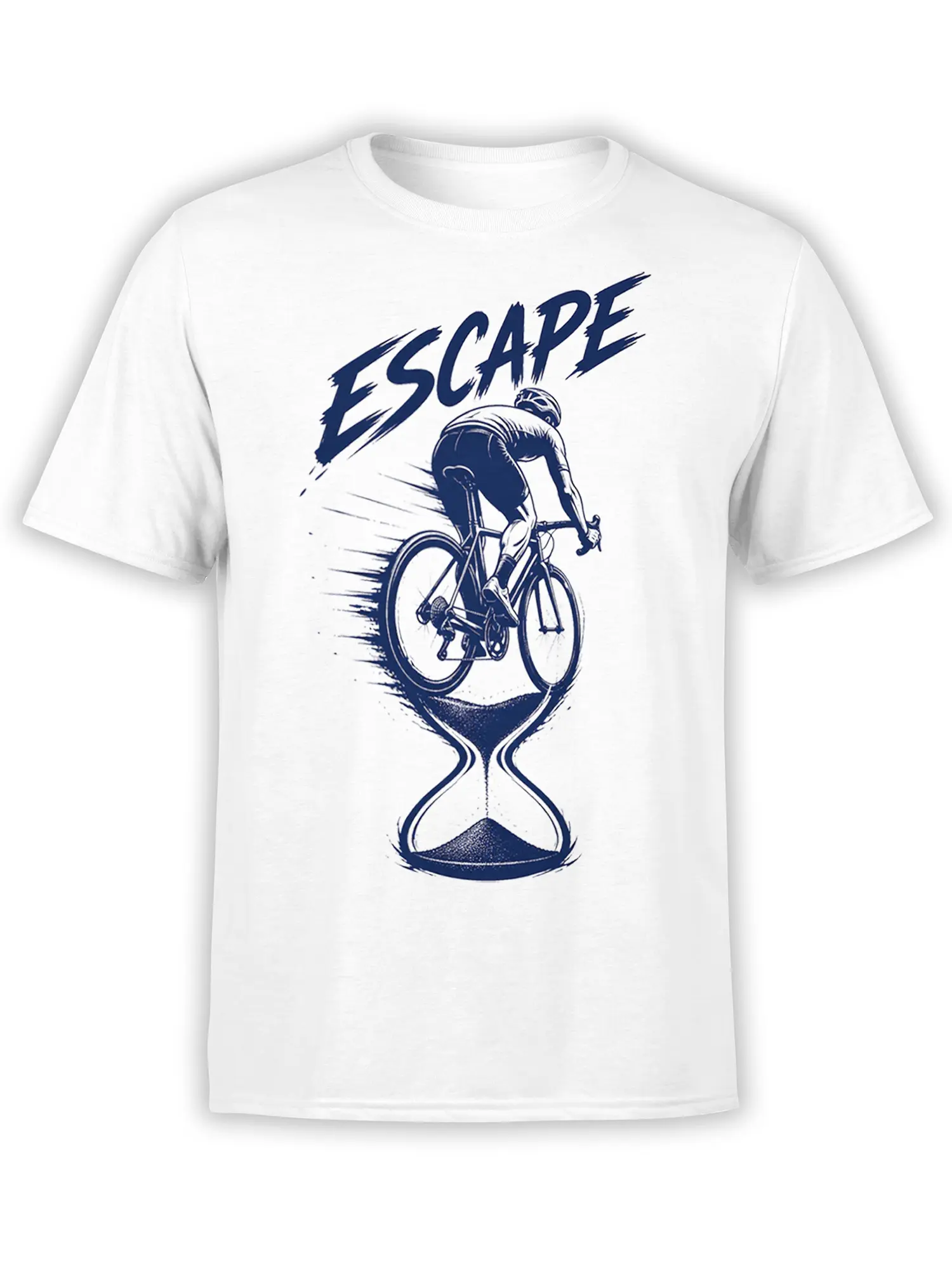 White cycling T-shirt with navy cyclist, hourglass design, motion lines, and bold ESCAPE lettering