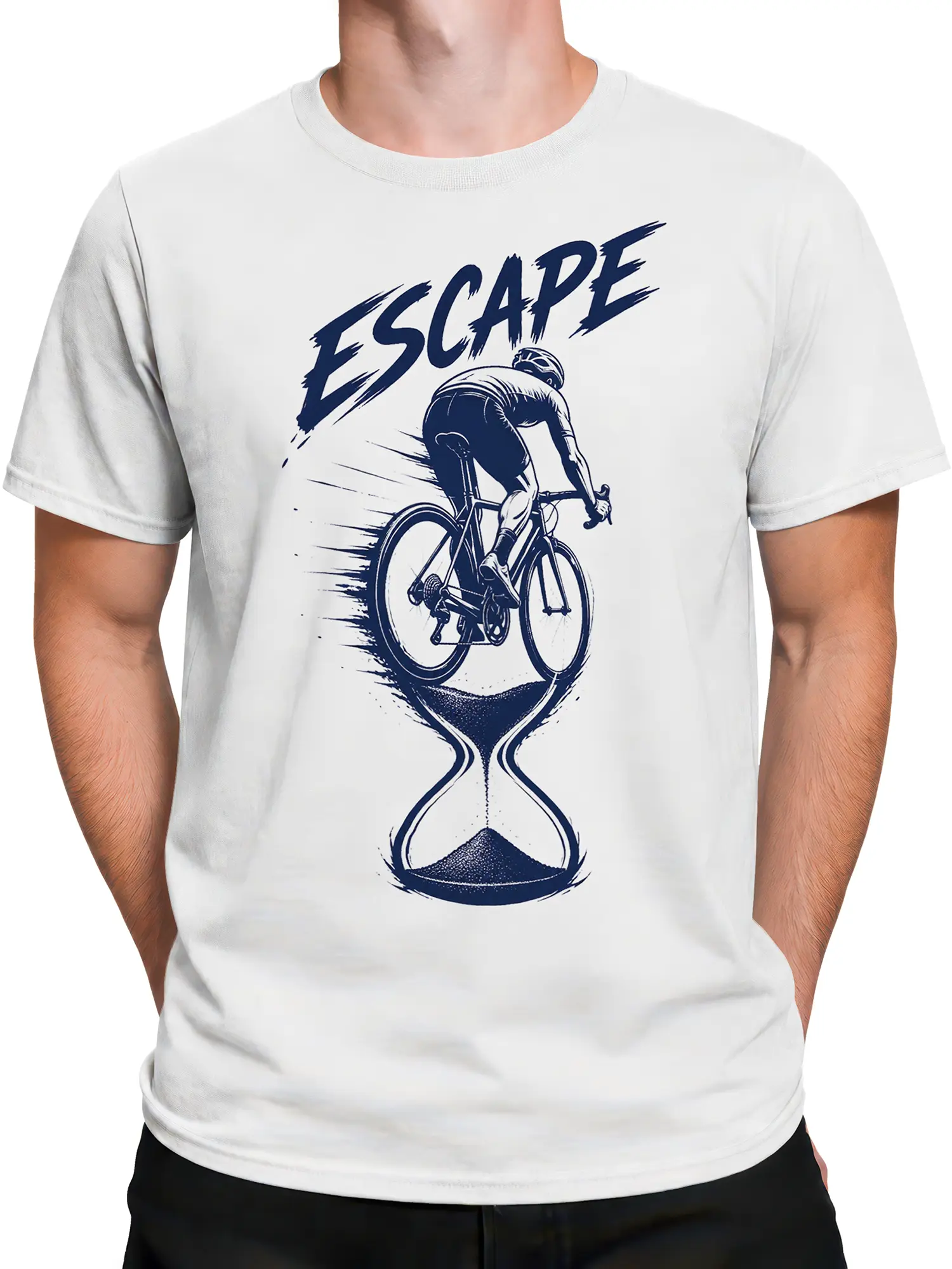 Male torso wearing a white cycling T-shirt with navy cyclist and hourglass ESCAPE design