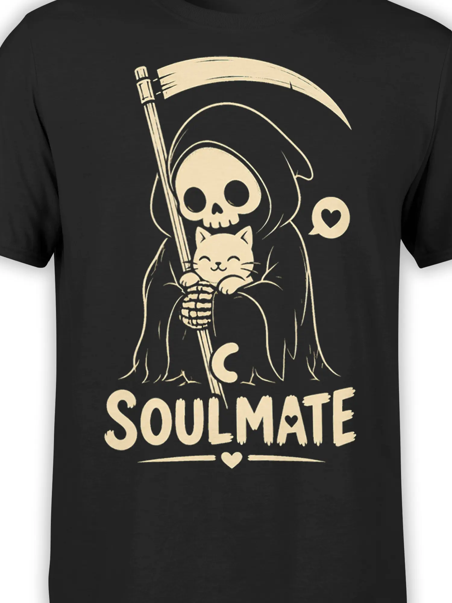 Close-up of the cream skeleton and cat soulmate design printed on a black cat graphic T-shirt