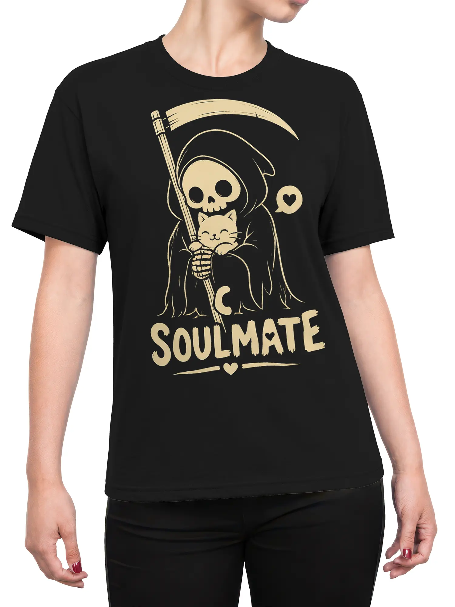 Female torso wearing a black cat soulmate T-shirt with a skeleton, scythe, hearts, and cream “SOULMATE” print
