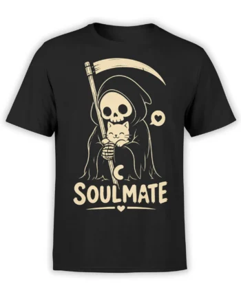 Black cat T-shirt with a hooded skeleton cuddling a happy cat, scythe, hearts, and “SOULMATE” text