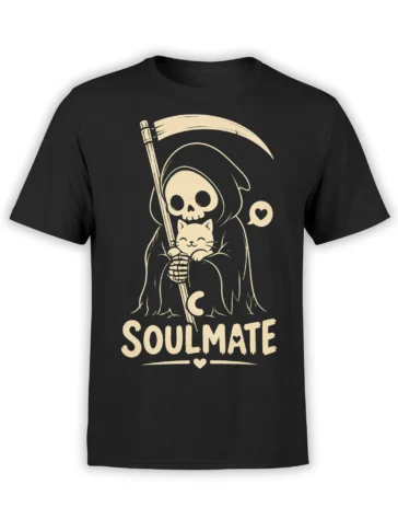 Black cat T-shirt with a hooded skeleton cuddling a happy cat, scythe, hearts, and “SOULMATE” text