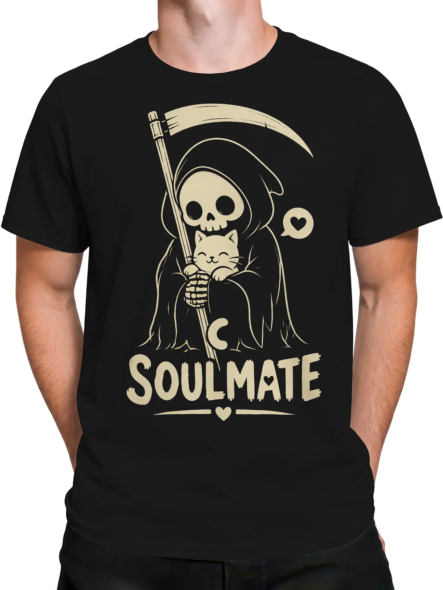 Male torso wearing a black graphic cat T-shirt with a skeleton, scythe, hearts, and soulmate lettering