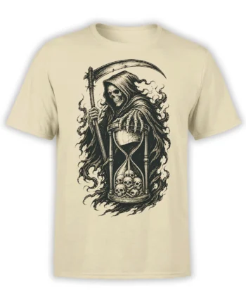 Hooded grim reaper with scythe and skull-filled hourglass printed on a beige T-shirt