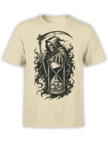 Hooded grim reaper with scythe and skull-filled hourglass printed on a beige T-shirt