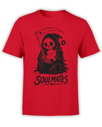Red cat t-shirt with a hooded grim reaper holding a smiling cat, hearts, scythe, and SOULMATES text