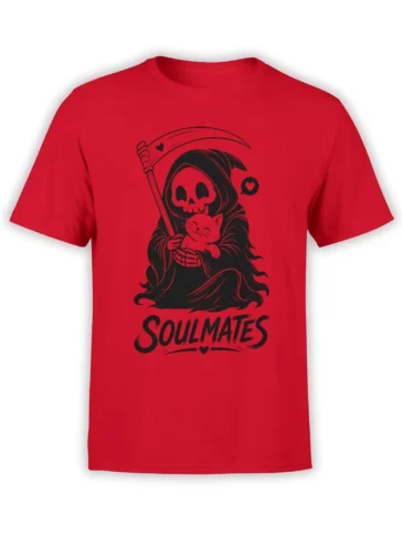 Red cat t-shirt with a hooded grim reaper holding a smiling cat, hearts, scythe, and SOULMATES text