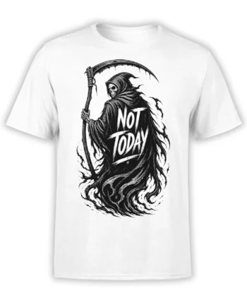 White T-shirt with a hooded grim reaper holding a scythe and bold “Not Today” lettering