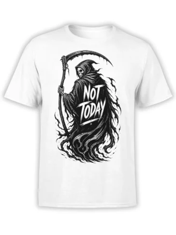 White T-shirt with a hooded grim reaper holding a scythe and bold “Not Today” lettering