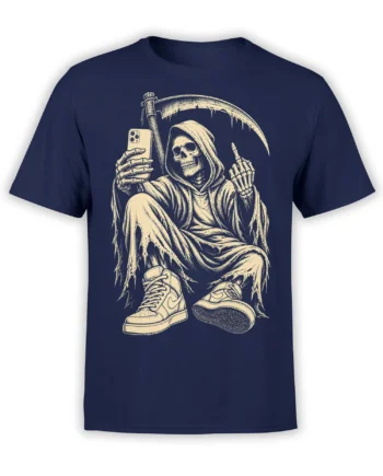 Hooded skeleton holding a smartphone and raising one finger on a navy grim reaper T-shirt