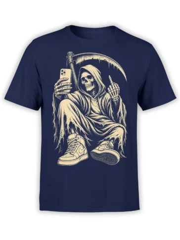 Hooded skeleton holding a smartphone and raising one finger on a navy grim reaper T-shirt